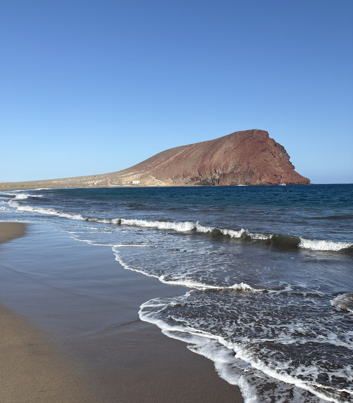 Red volcanic headland beside a black-sand beach at La Tejita